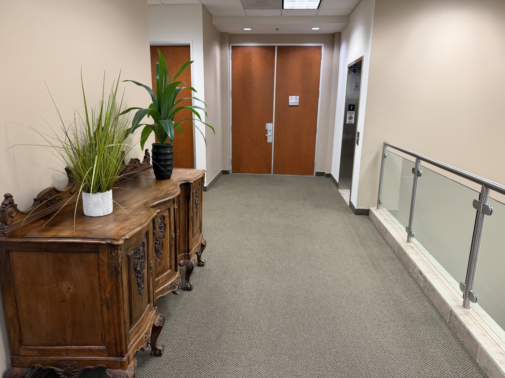 Clinic entrance beside the elevator, with plants and a wooden cabinet